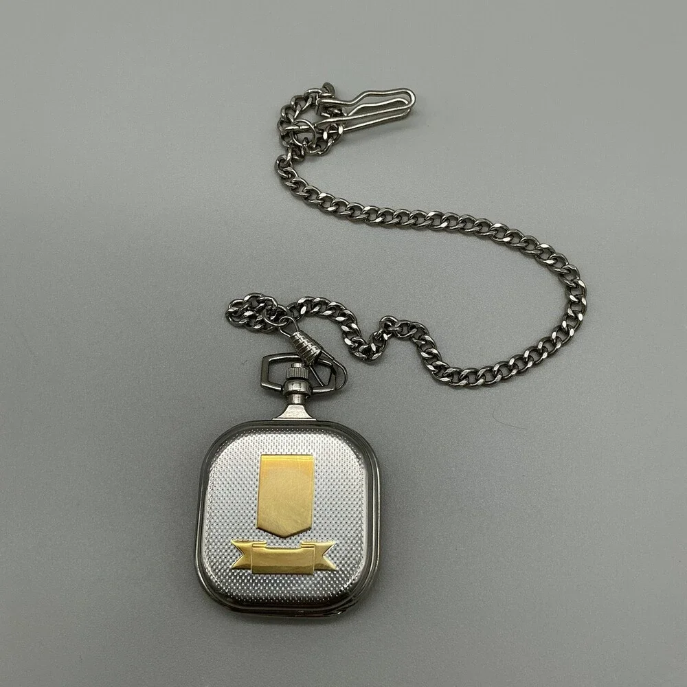 Mens Pocket Watch 45mm White Dial Silver Tone Chain Cushion Case New Battery